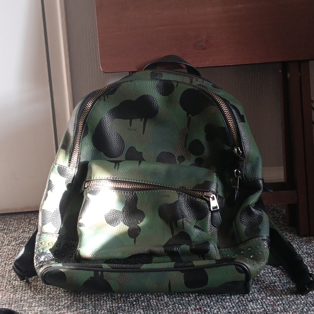 Coach League studded camo leather backpack